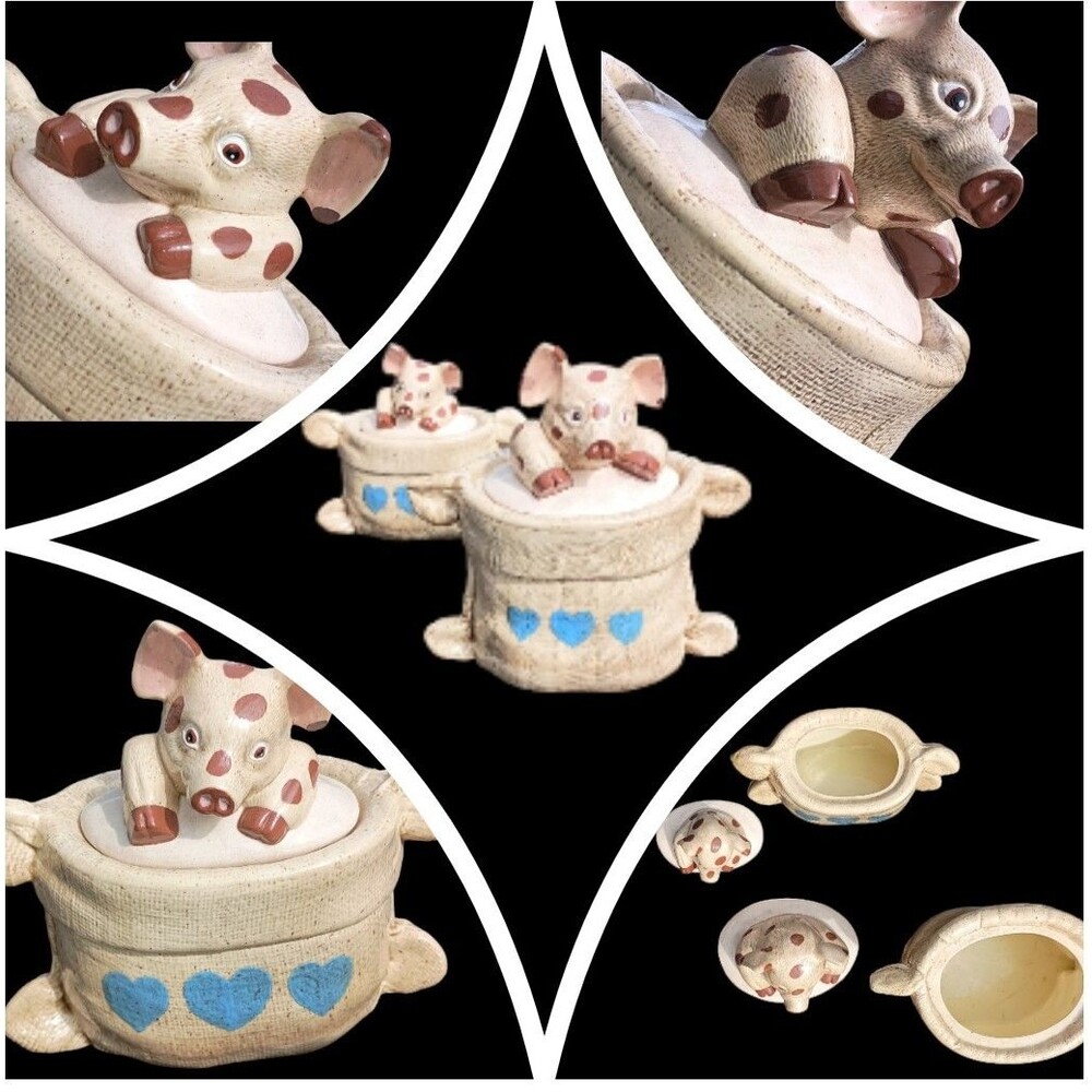 🐖 Barnyard Farmhouse Pigs in Burlap Sacks Ceramic Cookie Jar Canister Set of 2